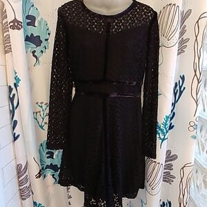 EUC Black Lace Velvet Long Sleeved Skater Dress